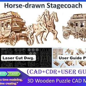 May include: A 3D wooden puzzle CAD model of a horse-drawn stagecoach. The image displays the assembled coach, two horses, laser cut dwg files, and a user guide PDF. Text includes Horse-drawn Stagecoach, Laser Cut Dwg, User Guide PDF, and CAD+CDR+USER GUIDE.