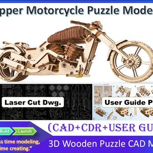 以下が含まれることがあります： チョッパーバイクの3D木製パズルモデルキット。画像には、組み立てられたバイク、レーザーカット図面、ユーザーガイドPDFが表示されています。テキストには、Chopper Motorcycle Puzzle Model Kit、Laser Cut Dwg.、User Guide PDF、CAD+CDR+USER GUIDE、3D Wooden Puzzle CAD Modelが含まれています。