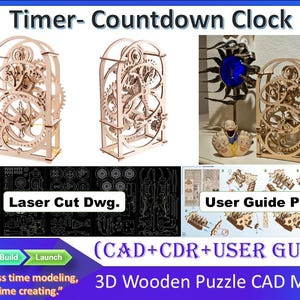 May include: A 3D wooden puzzle CAD model of a timer countdown clock. The image displays the assembled clock, laser cut DWG files, and a user guide PDF. Text includes Timer-Countdown Clock, Laser Cut Dwg., User Guide PDF, and CAD+CDR+USER GUIDE.