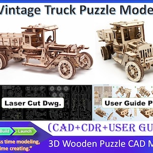 May include: A 3D wooden puzzle model of a vintage truck, featuring laser-cut parts, a CAD and CDR file set, and a user guide PDF. The image displays the assembled truck from two angles, technical schematics, and the text: Vintage Truck Puzzle Model.