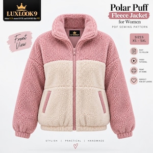 Könnte beinhalten: Ein PDF-Schnittmuster für eine Polar Puff Fleecejacke im Color-Block-Design in Rosa und Creme. Die Jacke hat einen hohen Kragen, einen durchgehenden Reißverschluss, lange Ärmel mit gerippten Bündchen und zwei Seitentaschen. Text enthält Größen XS-5XL.