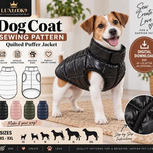 Puede incluir: Un patrón de costura digital para un abrigo acolchado para perro, con un Jack Russell Terrier vistiendo una versión negra de la chaqueta. El diseño incluye dibujos técnicos, opciones de tallas de XS a XXL e instrucciones paso a paso.