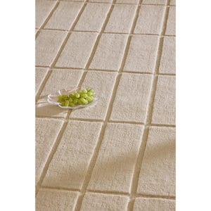 May include: A beige, textured rug with a grid pattern. A small, clear, leaf-shaped dish holds a cluster of green grapes, adding a touch of freshness to the scene. The rug's design creates a sense of depth and texture.
