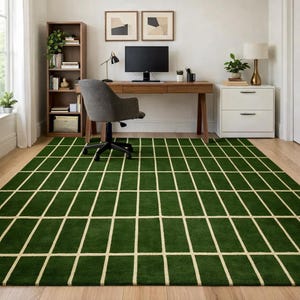 Op de afbeelding: Een groene rechthoekige vloerkleed met een rasterpatroon van crèmekleurige lijnen. Het vloerkleed staat in een thuiskantoor, met een houten bureau, stoel en boekenkast. Het vloerkleed meet ongeveer 244 cm bij 305 cm.