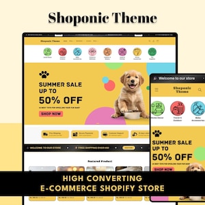 Puede incluir: Diseño de sitio web para una tienda de comercio electrónico, que se muestra en una tableta y un teléfono. El sitio web presenta una venta de verano con un cachorro y el texto "Shoponic Theme". El sitio web es para suministros para mascotas.