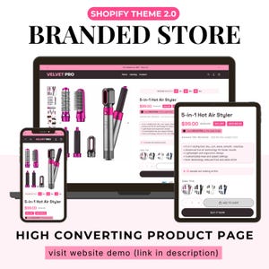 May include: A laptop, tablet, and smartphone displaying a Velvet Pro 5-in-1 Hot Air Styler product page. The screens show the pink and silver hair styling tool, product details, pricing, and add to cart buttons for a Shopify Theme 2.0 branded store.