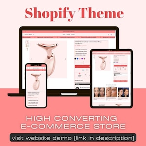 Könnte beinhalten: Werbebild für ein Shopify-Theme, das einen Laptop, ein Tablet und ein Smartphone zeigt, auf denen eine Produktseite für ein Schönheitsgerät angezeigt wird. Der Text enthält "Shopify Theme" und "HIGH CONVERTING E-COMMERCE STORE".