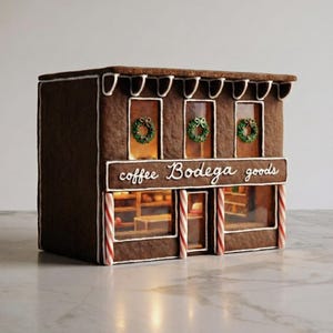 Può includere: Un negozio di caffè di pan di zenzero con la scritta "coffee Bodega goods" sopra le finestre. Il negozio ha tre finestre con ghirlande verdi e accenti di bastoncini di zucchero. L'edificio è marrone con dettagli di glassa bianca.