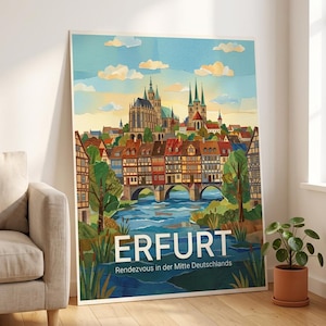 Puede incluir: Un póster enmarcado de acuarela de Erfurt, Alemania, con un río, un puente y edificios coloridos bajo un cielo azul con nubes. La palabra "ERFURT" se muestra de forma destacada, con la frase "Rendezvous in der Mitte Deutschlands" debajo.