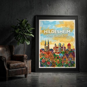 Póster de Hildesheim: Collage artístico del Patrimonio Mundial | Iglesia de San Miguel, Catedral y Mural de la Rosa Milenaria | Impresión Premium de Baja Sajonia