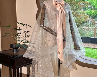 Capa de tul brillante con estrellas y lunas, accesorio para disfraz de Halloween, capa/manto de talla grande