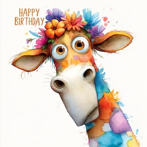 Puede incluir: Una ilustración en acuarela de una jirafa con ojos grandes que lleva una corona de flores coloridas en la cabeza. La jirafa tiene un hocico blanco y un cuello con manchas de color naranja, azul y morado. El texto HAPPY BIRTHDAY es naranja.