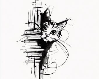 10 PNG Peeking Cat Clipart | Ink Sketch Line Art, Books, Botanical (Digital Download)