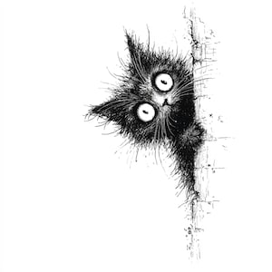 Puede incluir: Ilustración en blanco y negro de un gato asustado asomándose por una pared de ladrillos. El gato tiene ojos grandes y abiertos y una apariencia esponjosa y descuidada. La obra de arte está detallada con un estilo esbozado a mano.