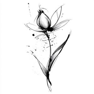 May include: A black and white ink drawing of a flower with a long stem and leaves. The flower is in the center of the image, with a detailed bud and petals. Splatter effects add texture to the artwork, set against a white background.