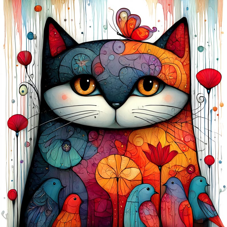 20 imágenes prediseñadas de gatos de arte popular caprichoso en formato JPG / Diseño de pájaro mosaico / Manualidades bohemias
