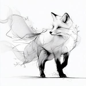 以下が含まれることがあります： 白黒のキツネのイラスト。キツネは、流れるような線とふわふわの尾で、様式化された芸術的な方法で描かれています。キツネは立っており、頭を横に向け、繊細な花の要素に囲まれています。