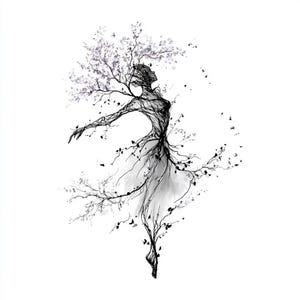 以下が含まれることがあります： 木々の枝で形作られた女性の芸術的なイラスト。 白黒の画像は、髪と流れるスカートを形成する葉と枝を持つ、木の形をしたダンサーを描いています。