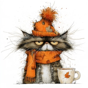 May include: A fluffy, long-haired cat with a grumpy expression wearing an orange knit beanie with a pom-pom and a matching orange scarf with leaf patterns. Next to the cat is a white ceramic mug featuring a single orange maple leaf design.