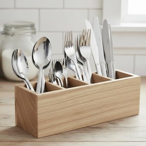 Op de afbeelding: Een houten bestekorganizer gevuld met roestvrijstalen vorken, lepels en messen. De organizer heeft vier compartimenten en is gemaakt van lichtgekleurd hout. Het bestek is netjes gerangschikt.