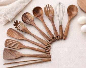 Teakhouten keukengereiset, natuurlijk houten kookgerei, 10-delig
