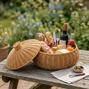 Cesta redonda de almacenamiento con tapa, tejida a mano, estilo ratán - Panera y organizador de frutas para cocina, despensa, mesa de comedor - Almacenamiento decorativo para el hogar