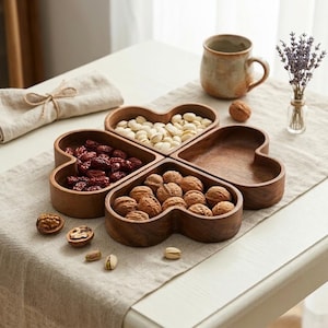 Puede incluir: Una bandeja de madera con forma de trébol, llena de nueces y frutos secos. La bandeja está sobre una mesa blanca con una servilleta de lino beige, una taza de cerámica y un pequeño jarrón de lavanda.