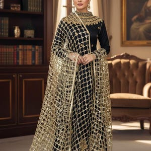Handmade Golden Indian Dress Dupatta - Golden Handmade Mirrorwork Embroidered Wedding Veil, Gold & Silver image 3