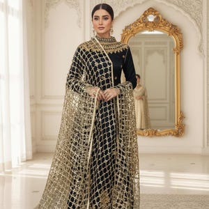 Handmade Golden Indian Dress Dupatta - Golden Handmade Mirrorwork Embroidered Wedding Veil, Gold & Silver image 2