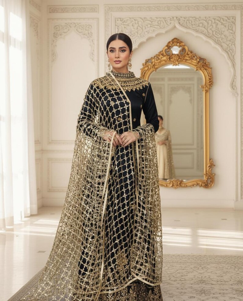 Handmade Golden Indian Dress Dupatta - Golden Handmade Mirrorwork Embroidered Wedding Veil, Gold & Silver image 2