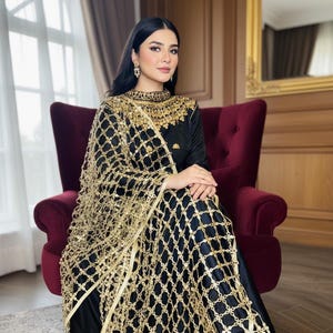 slim fit dress slacks Mandy Black and Gold Indian Glam Gown Xs / 46