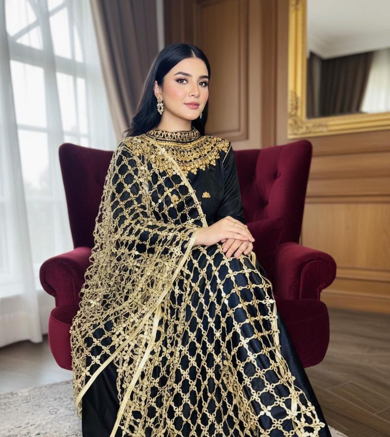 Handmade Golden Indian Dress Dupatta - Golden Handmade Mirrorwork Embroidered Wedding Veil, Gold & Silver Golden