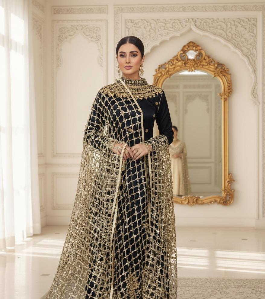 green emerald velvet dress Gold Pakistani Bridal Dress in Gown and Lehenga With Red Dupatta – UY  Collection