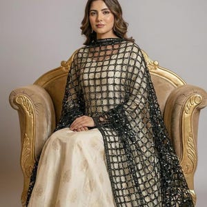 Handmade Golden Indian Dress Dupatta - Golden Handmade Mirrorwork Embroidered Wedding Veil, Gold & Silver image 9