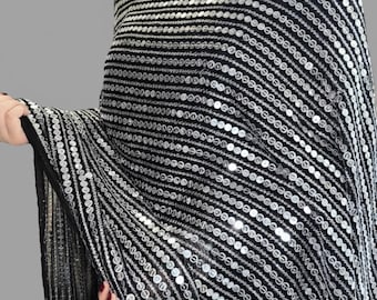 Handmade Black Chiffon Dupatta with Silver Sequin Embroidery Work, Indian Dress Dupatta