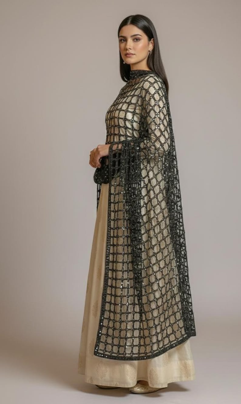 Handmade Golden Indian Dress Dupatta - Golden Handmade Mirrorwork Embroidered Wedding Veil, Gold & Silver image 5