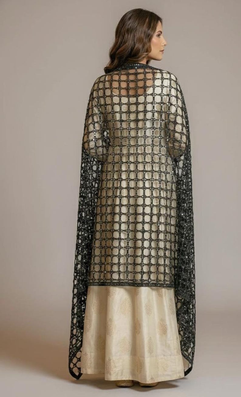 Handmade Golden Indian Dress Dupatta - Golden Handmade Mirrorwork Embroidered Wedding Veil, Gold & Silver image 8