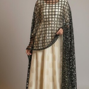 Handmade Golden Indian Dress Dupatta - Golden Handmade Mirrorwork Embroidered Wedding Veil, Gold & Silver Black
