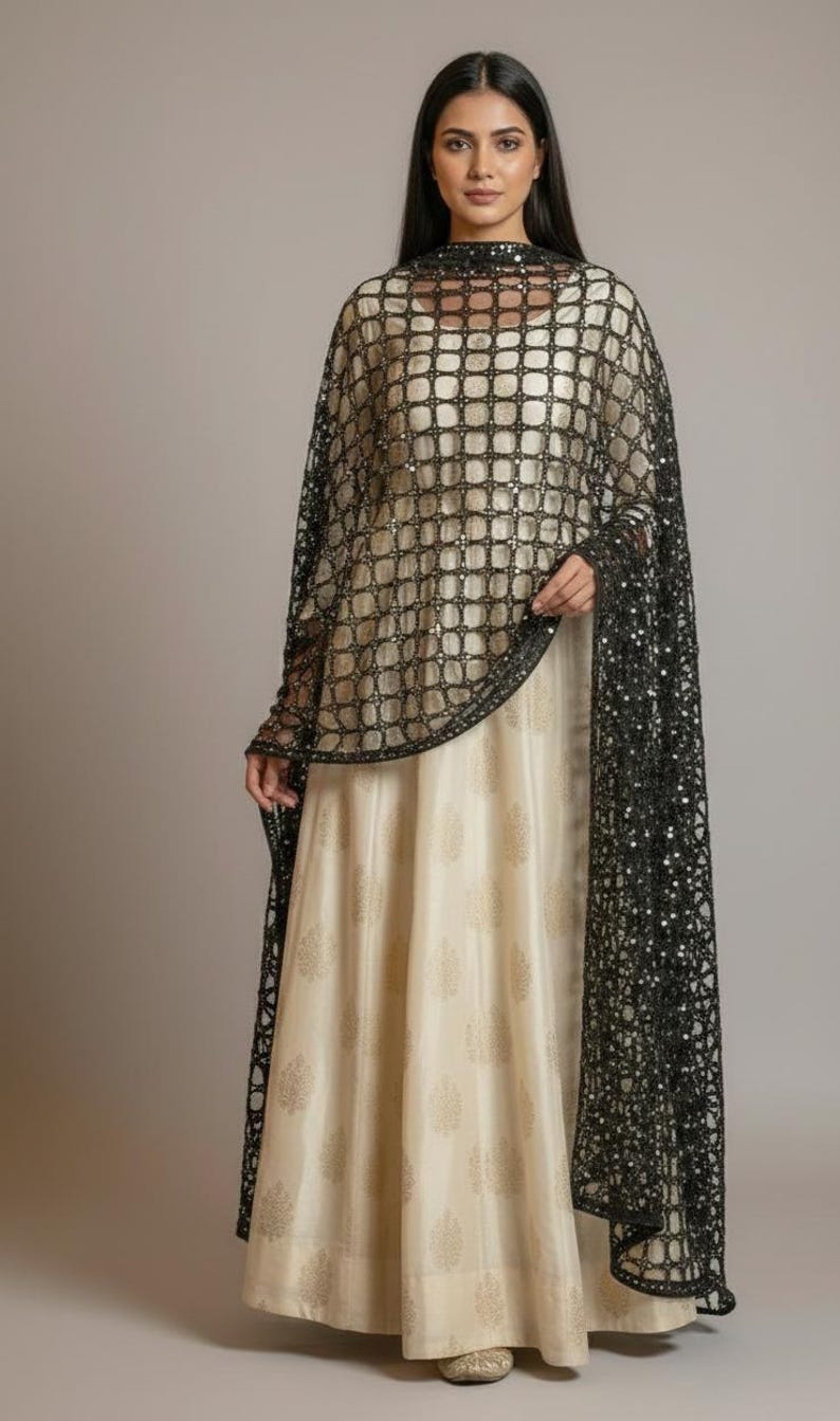 Handmade Golden Indian Dress Dupatta - Golden Handmade Mirrorwork Embroidered Wedding Veil, Gold & Silver Black