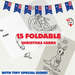 May include: A collection of 15 foldable Christmas cards featuring illustrations of Santa surfing, a kangaroo, and a surfboard. The cards display the text "15 Foldable Christmas Cards" and "Merry Christmas". The image includes Australian flag bunting.