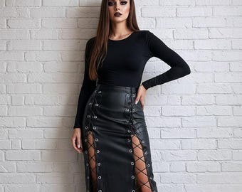 Gothic Black Faux Leather Mini Skirt – Lace-Up Sides, High Waist, Punk Style, Edgy Alternative Fashion