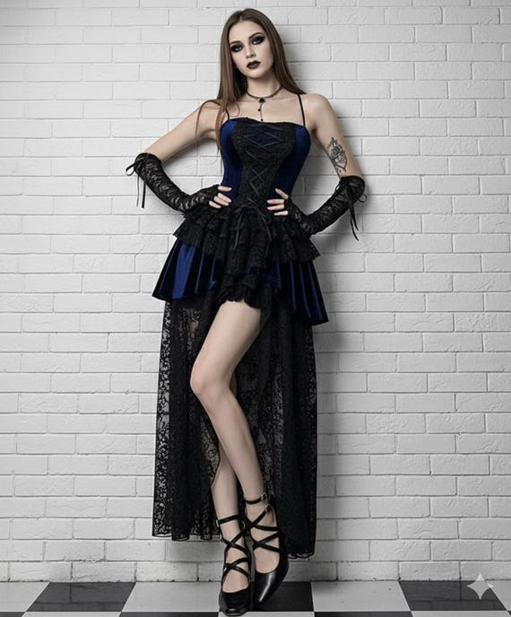 Gothic Lace Corset Dress - Dark Romantic High Low Hem Gown with Witchy Elegance & Vintage Charm