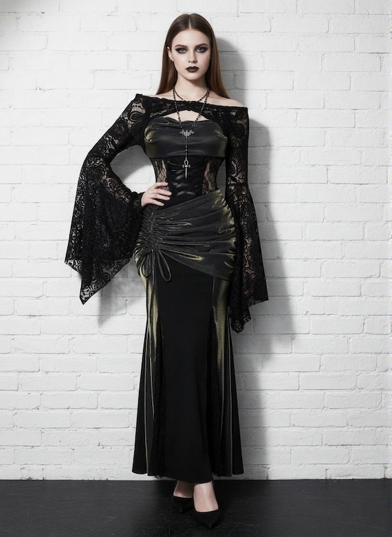 Gothic Black Corset Dress with Lace Sleeves - Dark Romantic Off-Shoulder Witchy Vintage Gown for Occult & Alternative Fashion Gothic Black Corset Dress with Lace Sleeves - Dark Romantic Off-Shoulder Witchy Vintage Gown for Occult & Alternative Fashion