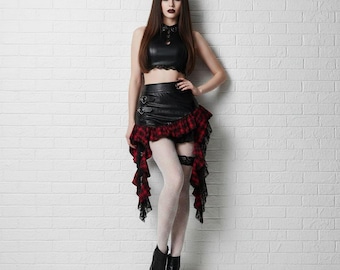 Gothic Punk Mini Skirt with Buckles & Plaid Ruffles – Black Faux Leather Alternative Grunge Fashion for Edgy Outfits