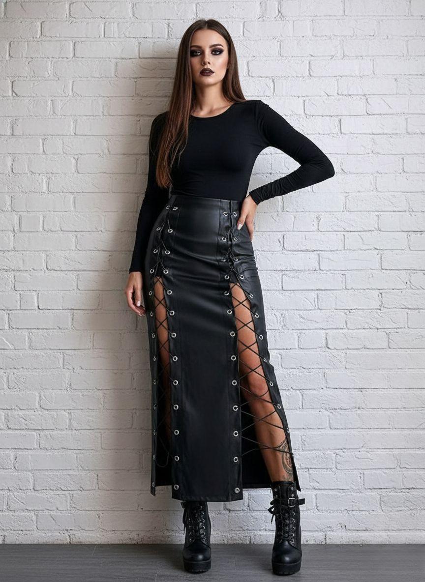Gothic Black Faux Leather Mini Skirt – Lace-up Sides, High Waist