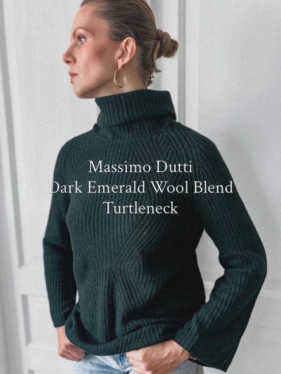 Massimo Dutti, Vintage Massimo Dutti Wool Cashmere Turtleneck Sweater Italian Made Dark Green Oversized Bell Sleeve Knit 36 38