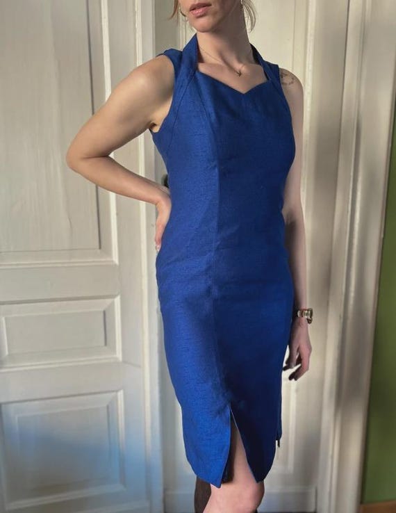 Vintage Jacques Vert Royal Blue Midi Dress, Raw Silk Cobalt Cocktail Gown (Size S)