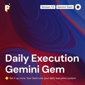 Könnte beinhalten: Eine digitale Grafik mit einem tiefblauen und roten abstrakten Hintergrund mit geschichteten Wellenmustern. Der Text lautet: Version 1.0, Gemini Gem, Daily Execution Gemini Gem und Set it up once. Your Gem runs your daily execution system. Ein Logo ist in der Ecke.