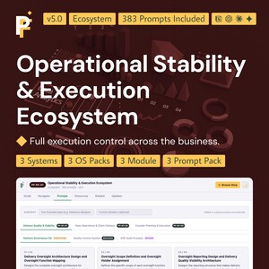 May include: A digital product interface titled Operational Stability & Execution Ecosystem v5.0, featuring 383 prompts, 3 systems, 3 OS packs, 3 modules, and 3 prompt packs. The dark maroon background displays data charts and text.