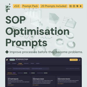 May include: A digital product display titled SOP Optimisation Prompts v5.0 with 20 prompts included. The graphic features dark green text on a light background with data visualisation icons and a dark interface preview showing SOP Health Diagnostic.